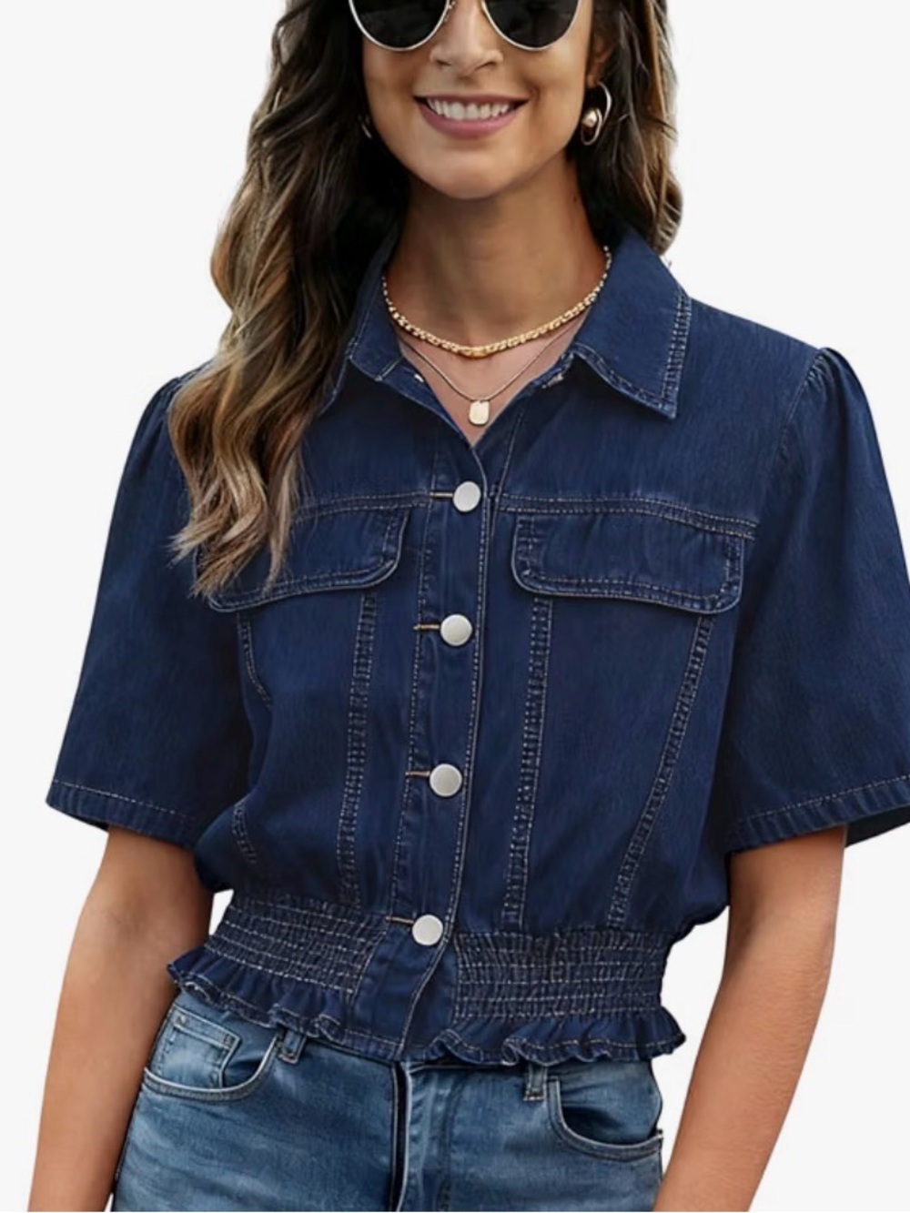 DENIM SHIRT CROPPED SENIM RUFFLE HEM BUTTON FRONT COVERUP SIZE MEDIUM NWT